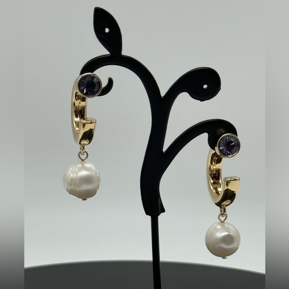 INC Gold Tone Open Hoop with Dangling Faux Pearl Purple Crystal Post Earrings - Picture 6 of 13